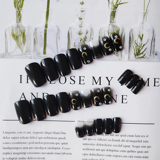 24 Goth Black Press on nails kit Square crescent moon Glue on Medium witchy emo alt edgy