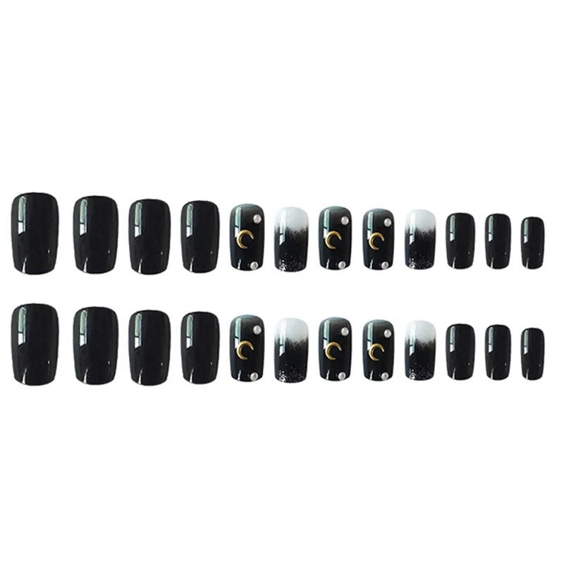 24 Goth Black Press on nails kit Square crescent moon Glue on Medium witchy emo alt edgy