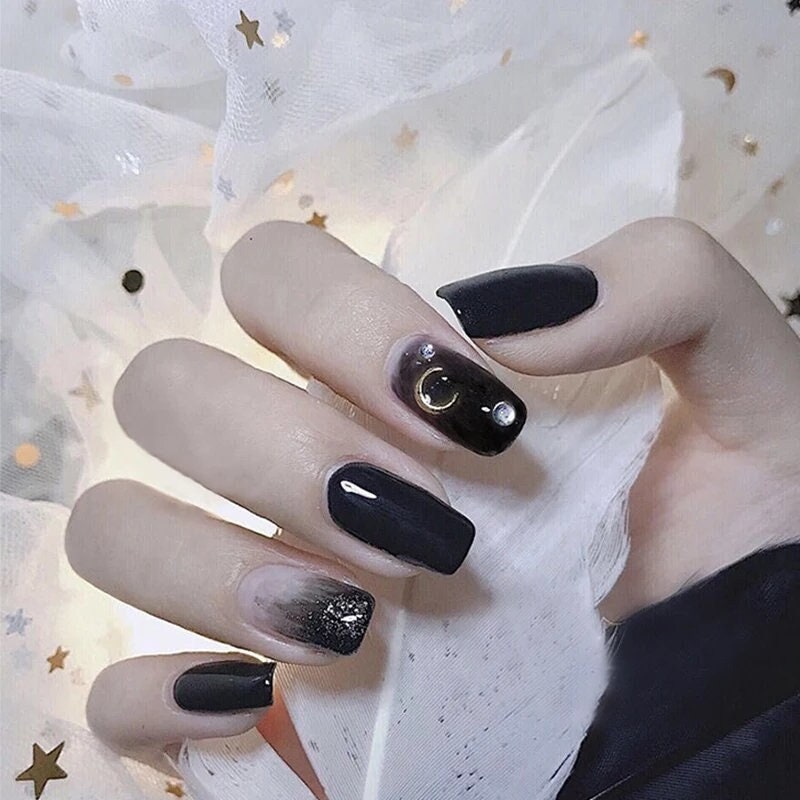 24 Goth Black Press on nails kit Square crescent moon Glue on Medium witchy emo alt edgy