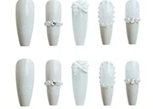 24 off-white wedding long press-on nails in coffin shape with bow, lace, and gem details – elegant glue-on nail set surethings