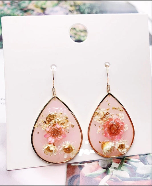 Real Dried Pressed Flower Earrings Dangle clear glass resin cottage core rose gold heart tear circle Jewelry