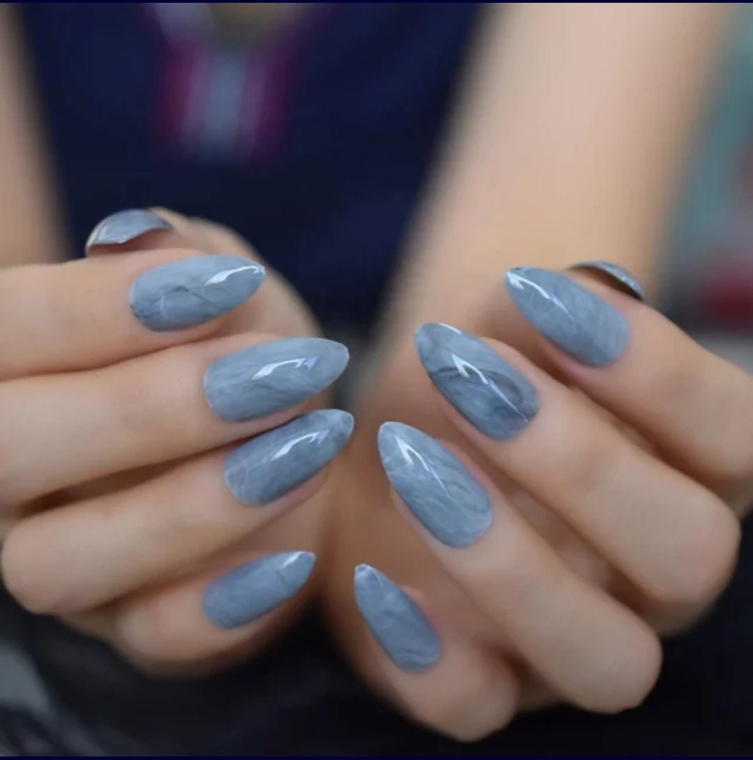 Gray marble almond press-on nails with smoky art design – 24-piece medium stiletto nail kit surethings