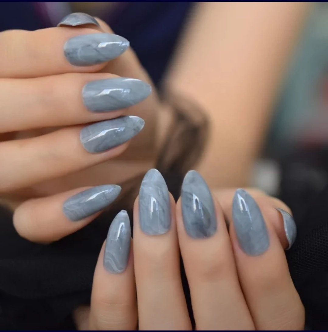 Gray marble almond press-on nails with smoky art design – 24-piece medium stiletto nail kit surethings