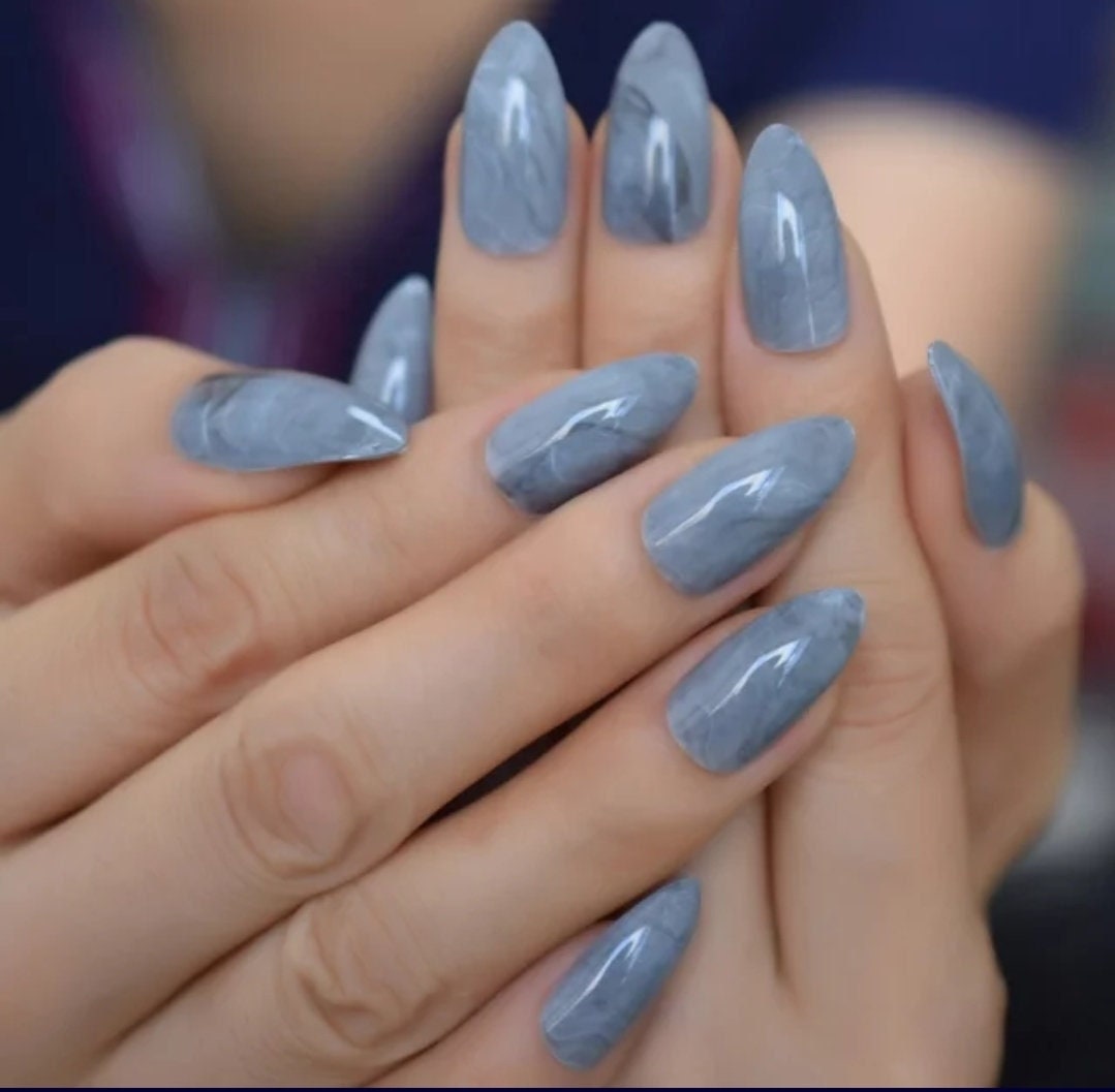 Gray marble almond press-on nails with smoky art design – 24-piece medium stiletto nail kit surethings