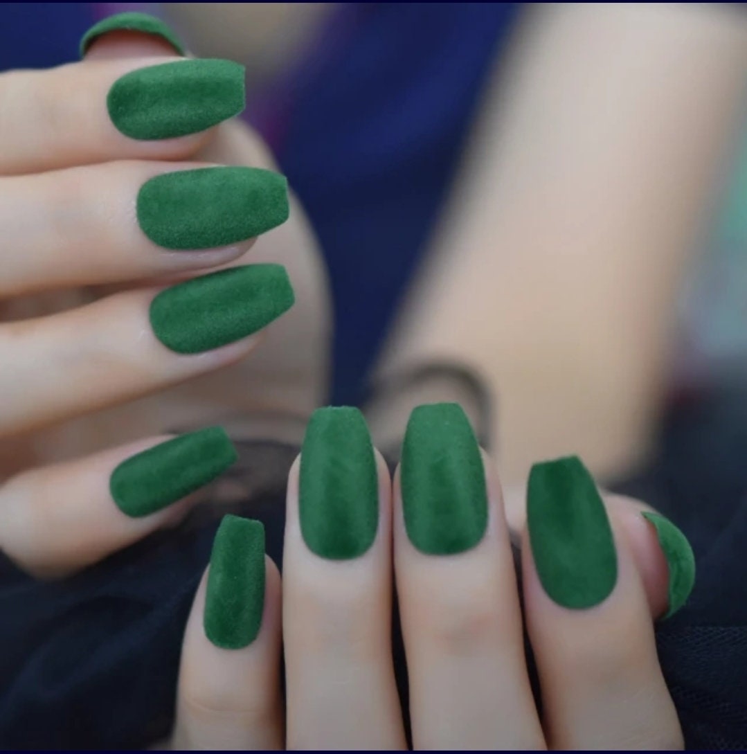 24 Dark Green Fuzzy Long Press on Nails Medium Coffin hunter Forest Deep unique suede Furry