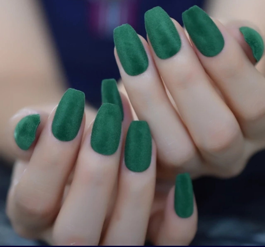 24 Dark Green Fuzzy Long Press on Nails Medium Coffin hunter Forest Deep unique suede Furry