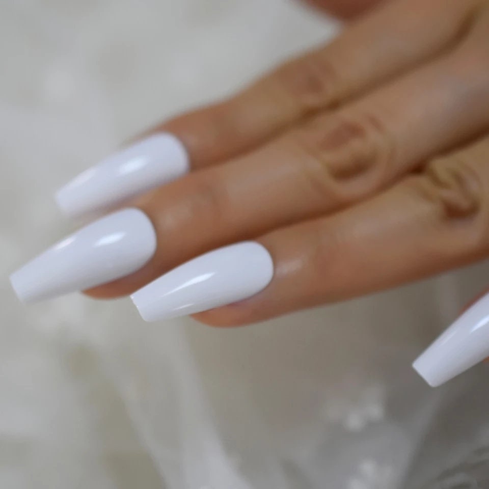 24 Coffin White Long Press on nails glue on strong glossy
