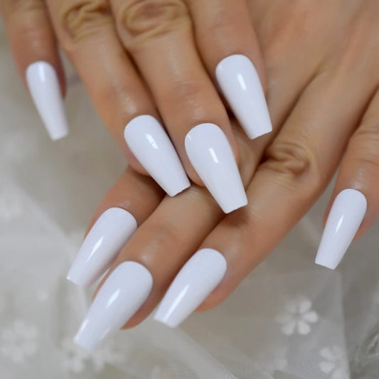 24 PCS Long Press On Nails in Coffin Shape – Glossy White Glue-On Set  surethings