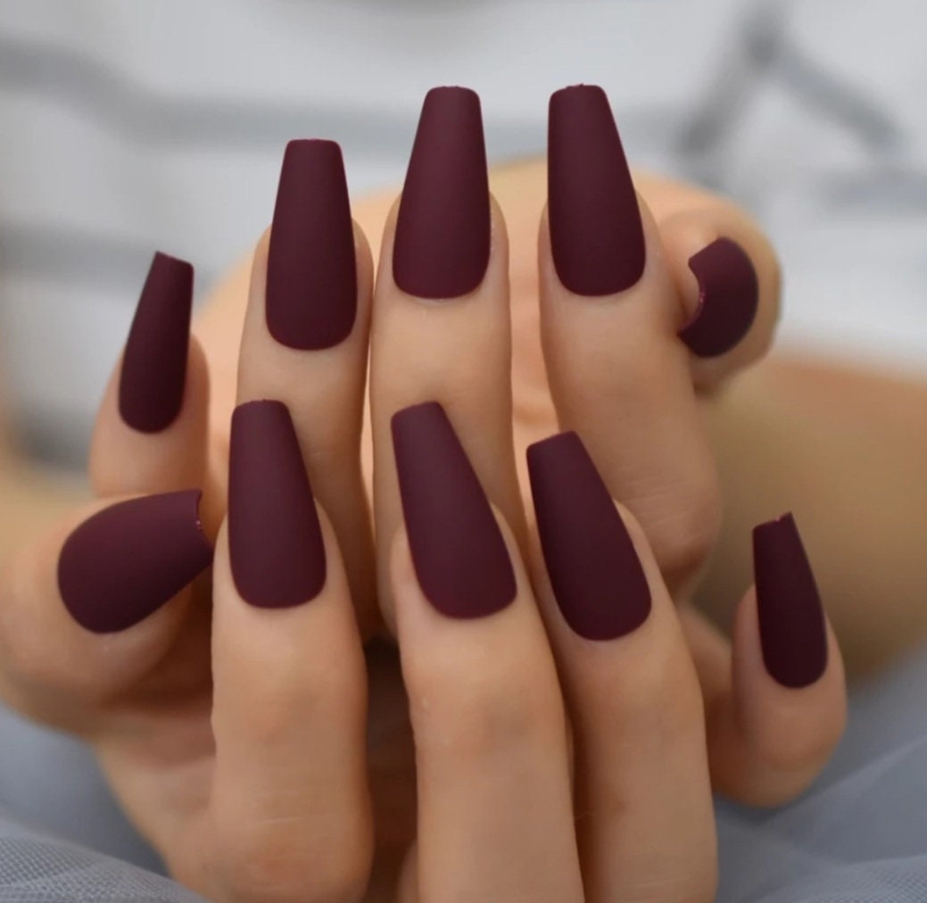 Set of 24 Matte Maroon Coffin Long Press-On Nails in Dark Red, Burgundy, Wine, and Mulberry Colors surethings