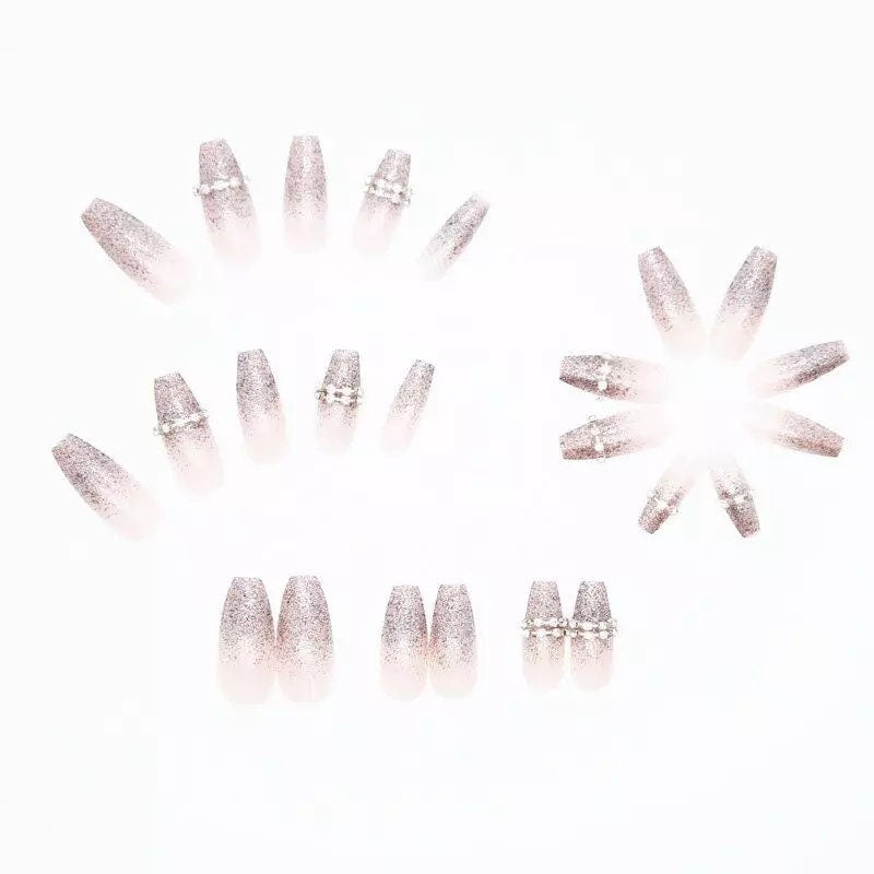 24-piece extra long press on nails in glitter ombre French style with silver and purple rhinestones and gem accents surethings