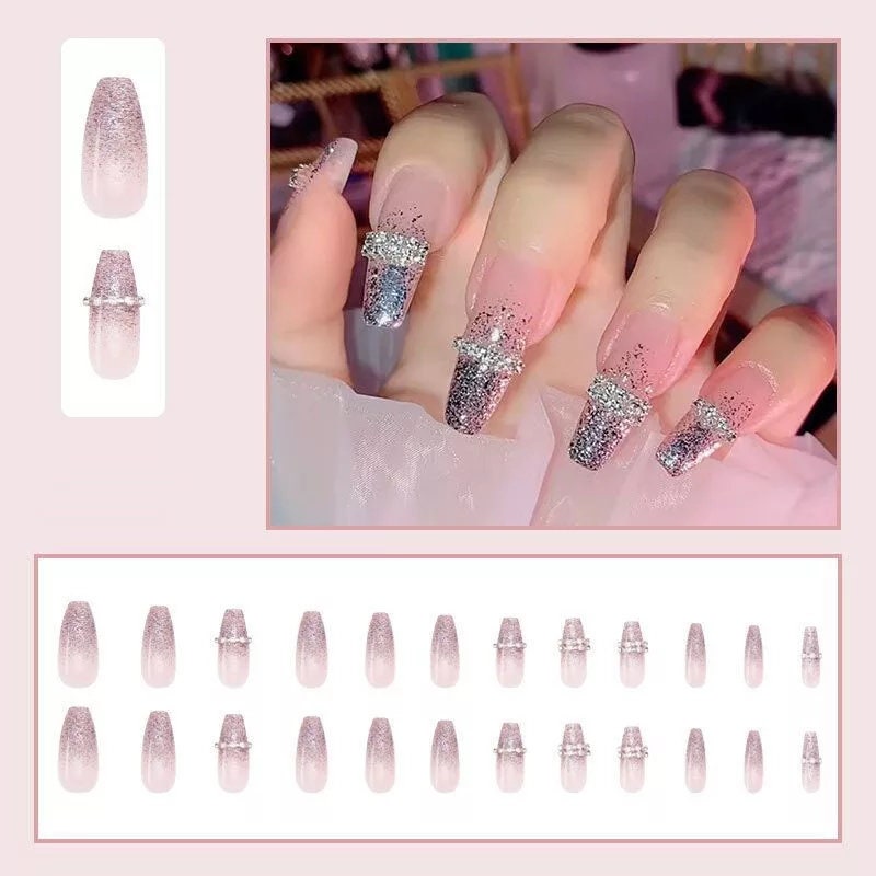 24-piece extra long press on nails in glitter ombre French style with silver and purple rhinestones and gem accents surethings