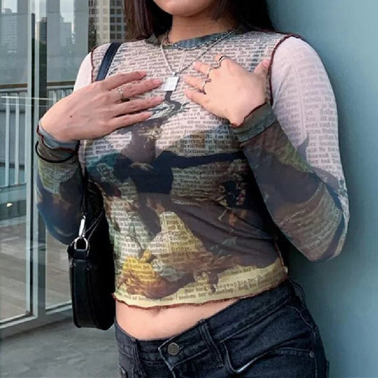 Metal head goth Sheer Mesh Going out tops for women Long Sleeve Soft Stretchy see through goth alt spooky babe goat ram