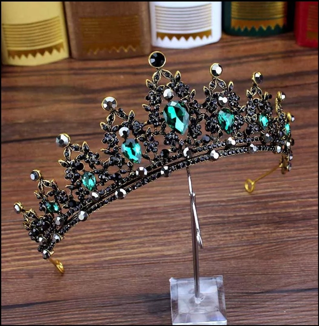 Black Emerald Green Vintage Baroque Princess Crowns Dark Goth Evil Queen diadem