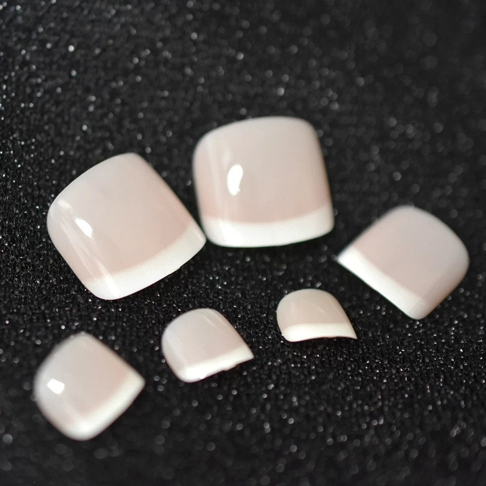 24 French Mani short Press On Nails Toe Nails Kit 24 Glue On white tip nude toes natural