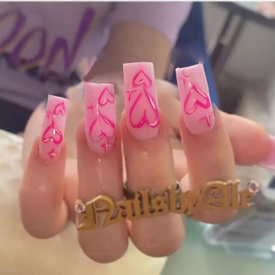 24 pink long press-on nails in coffin shape with cute Valentine heart design, bright kawaii romantic glue-on nail set surethings