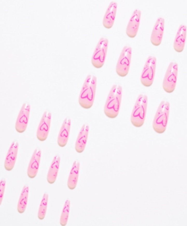 24 pink long press-on nails in coffin shape with cute Valentine heart design, bright kawaii romantic glue-on nail set surethings