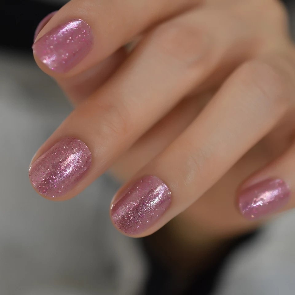 24 Pink Glitter Short press on nails kit with glue manicure rose gold square squoval