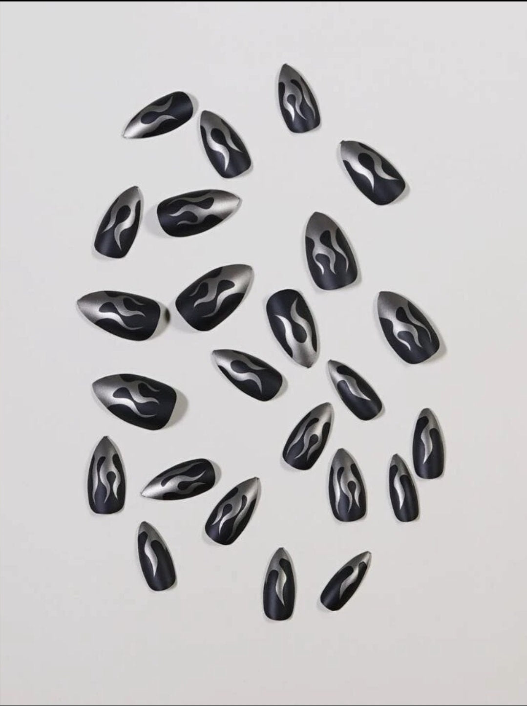 Black and silver flame long press-on nails with metallic finish – 24Pcs medium stiletto almond kit surethings