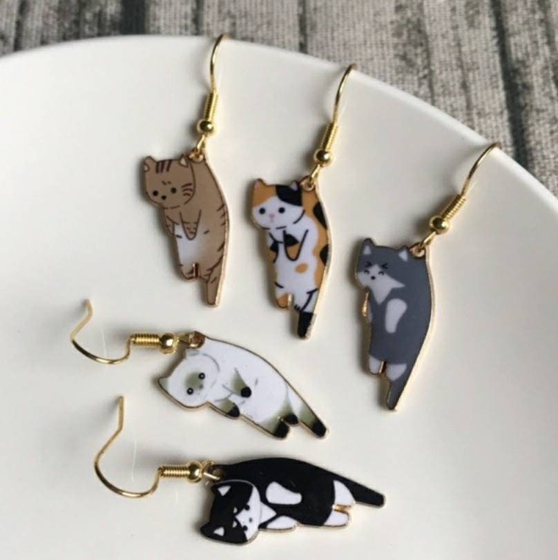 Cat Earrings Dangle hook tan black white orange kitty tabby calico tan brown cartoon hanging siamese Jewelry