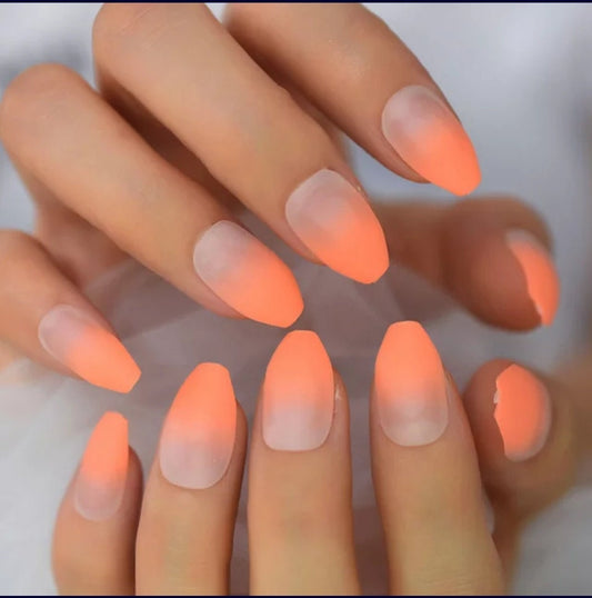 24PCS Ombre Matte Neon Peach Long Press On Nails – Medium Coffin Shape, Bright Nude 80s Rave Style surethings