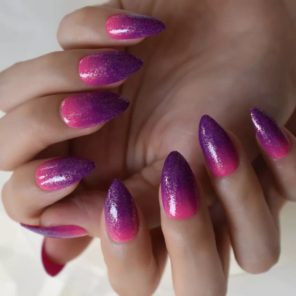 24 Purple Pink Fuschia Ombre Almond Press on nails glue on kit kawaii cute Multicolor hot pink medium almond pointed stiletto bright neon