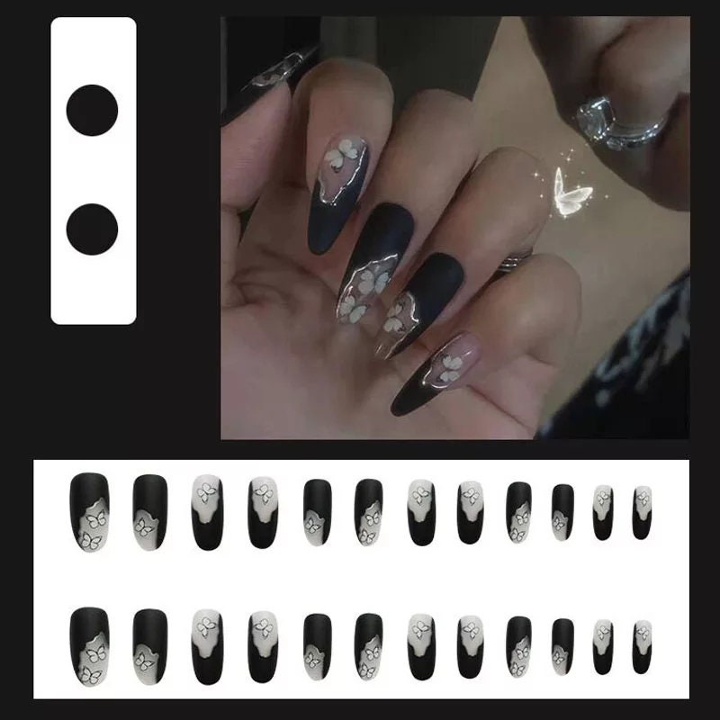 24 long press-on nails with matte black and white ombre butterfly design, gothic style with almond and round shapes, metallic line accents surethings