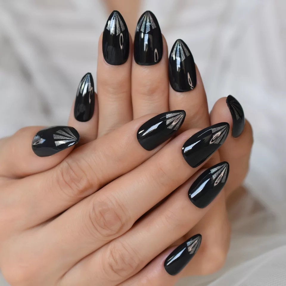 Almond Press on Nails – 24 PCS Pointed Black and Silver Metallic Stiletto Nails with Glossy Finish surethings