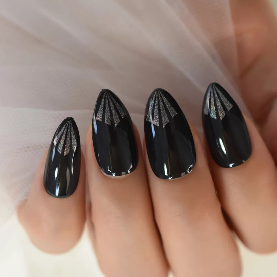 Almond Press on Nails – 24 PCS Pointed Black and Silver Metallic Stiletto Nails with Glossy Finish surethings
