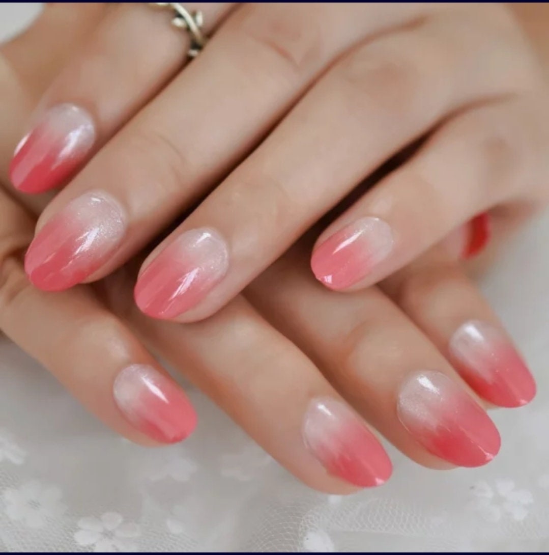 24 Light coral red Ombre short Press On Nails nude pearl shine Almond French tip glue on natural nude rounded oval 
