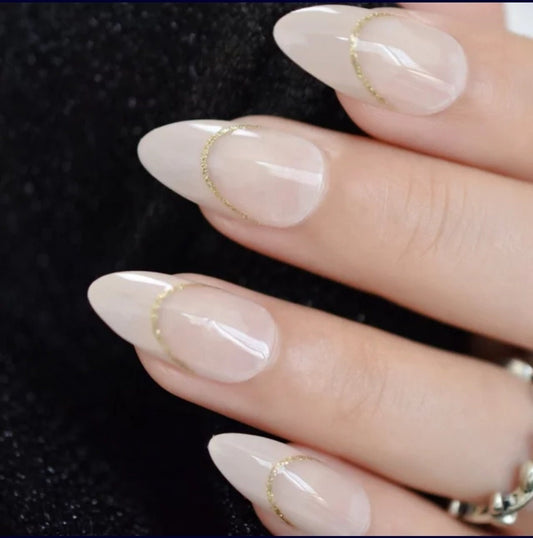 Nude Gold Line Stiletto Almond White Long Press On Nails – Medium Glue-On Set surethings