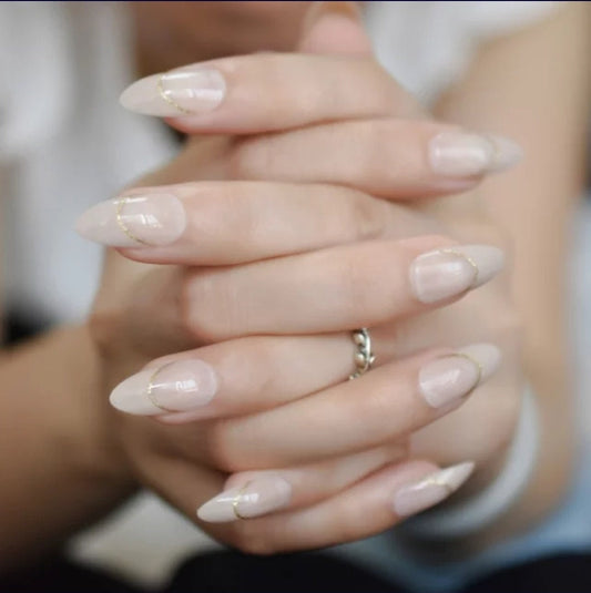 Nude Gold Line Stiletto Almond White Long Press On Nails – Medium Glue-On Set surethings