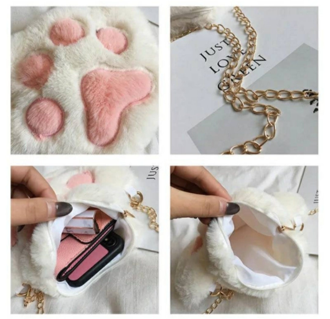 Cat Paw Purse Bag Faux Fur Fluffy soft kawaii cross body chain zipper pocket pastel pink toe beans white gray brown