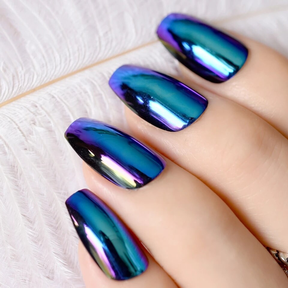 24pcs Blue Chameleon Chrome Long Press-On Nails with Mirror Metallic Shine in Medium Coffin Style surethings