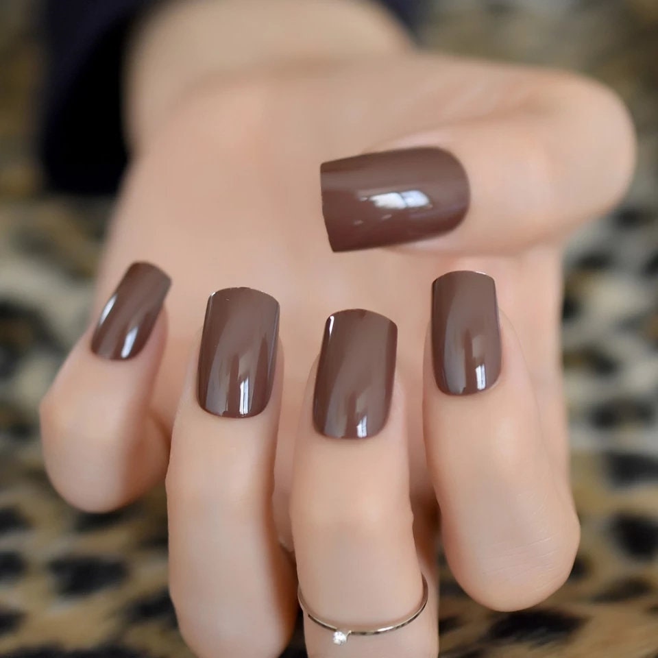 24 PCS Hershey Chocolate Brown Square Long Press On Nails – Medium Length Coffee Mocha Glossy Glue-On Kit surethings
