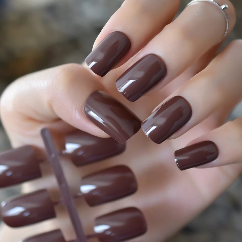 24 PCS Hershey Chocolate Brown Square Long Press On Nails – Medium Length Coffee Mocha Glossy Glue-On Kit surethings
