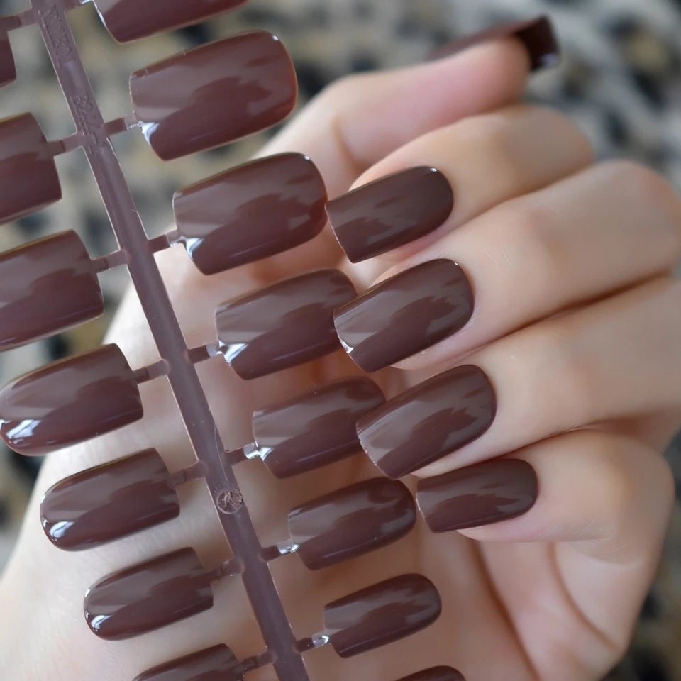 24 PCS Hershey Chocolate Brown Square Long Press On Nails – Medium Length Coffee Mocha Glossy Glue-On Kit surethings