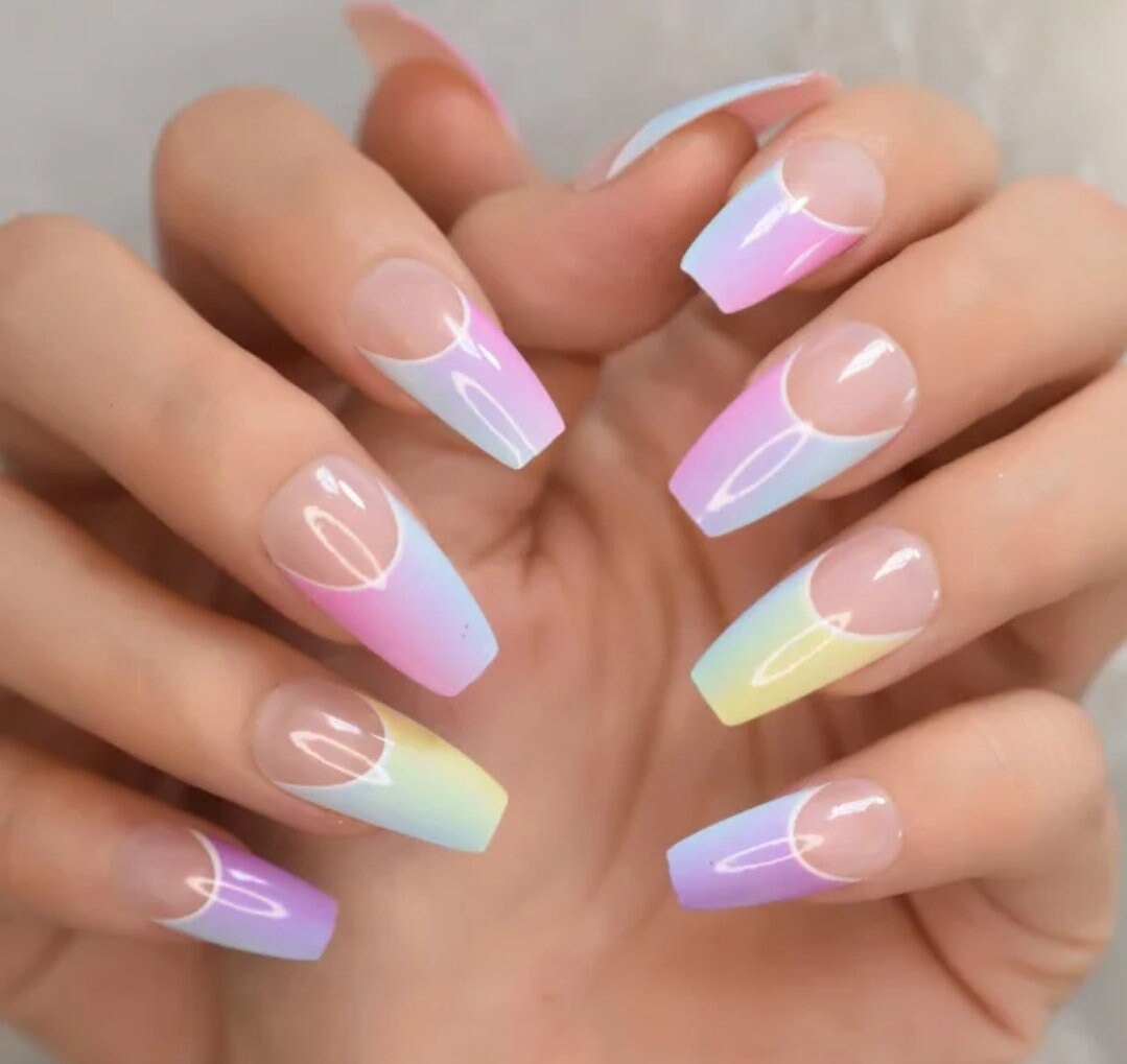 24 Rainbow Ombre French tip Long Press on nails glue on kit kawaii cute Multicolor hot pink blue orange yellow coffin bright neon candy