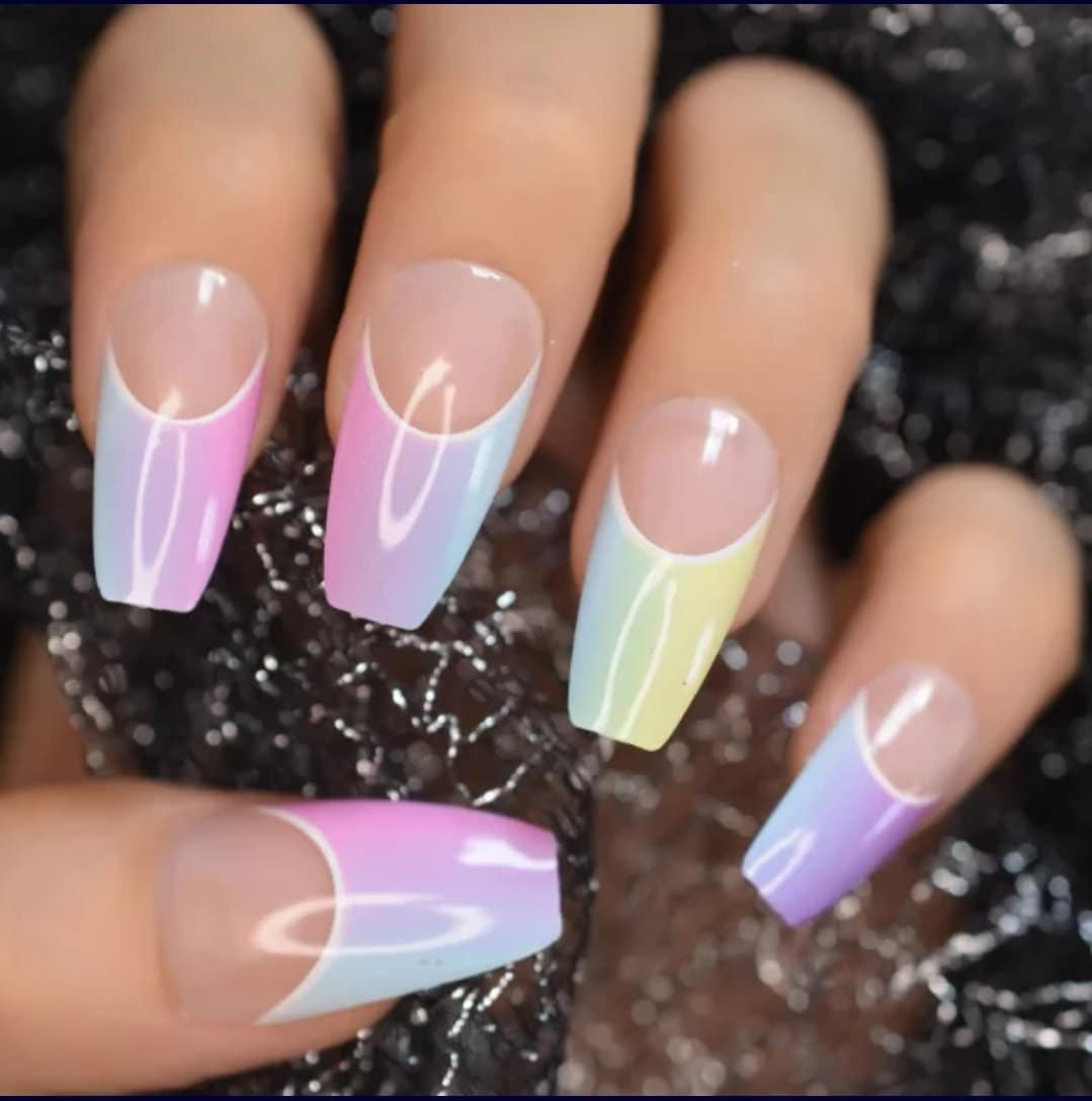 24 Rainbow Ombre French tip Long Press on nails glue on kit kawaii cute Multicolor hot pink blue orange yellow coffin bright neon candy