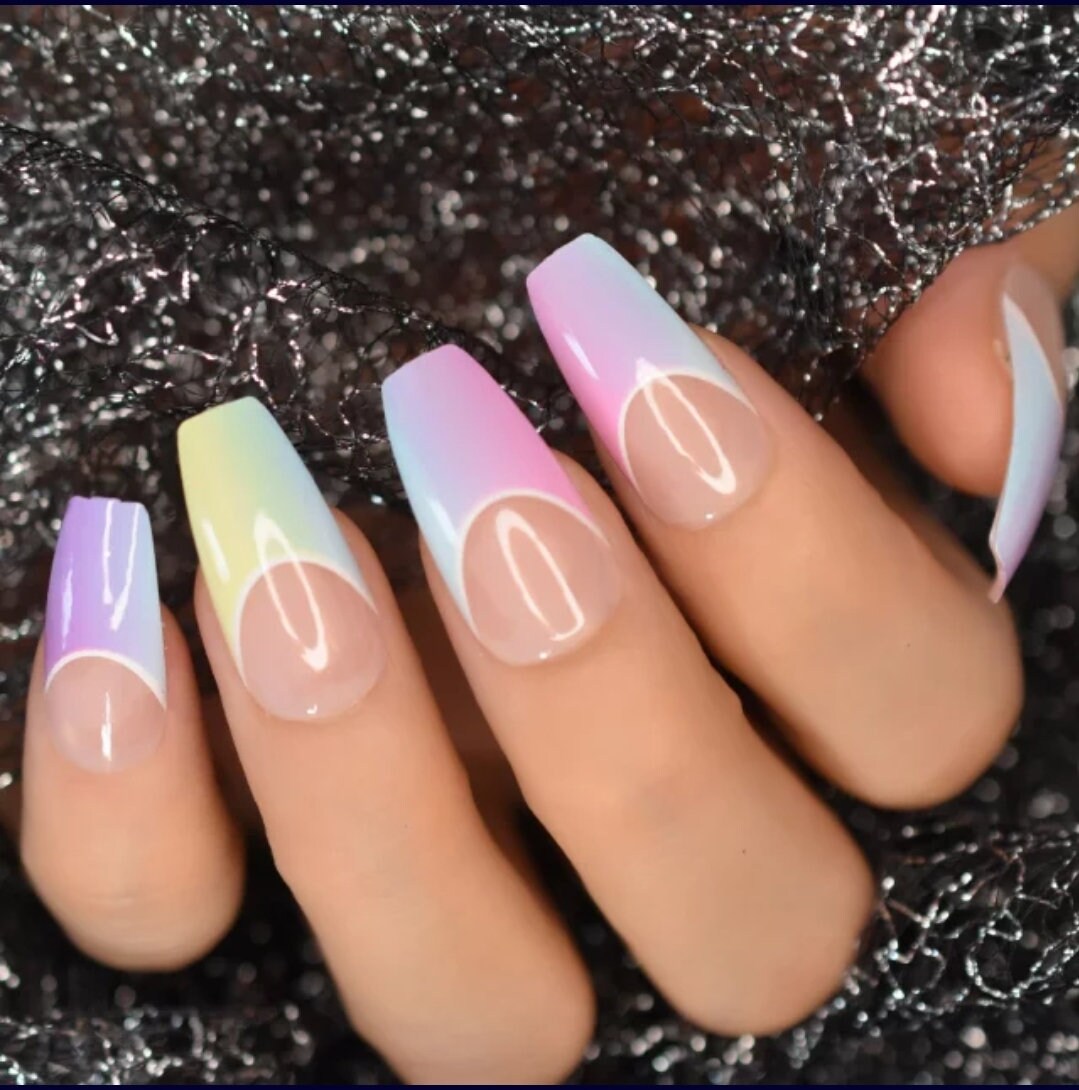 24 Rainbow Ombre French tip Long Press on nails glue on kit kawaii cute Multicolor hot pink blue orange yellow coffin bright neon candy