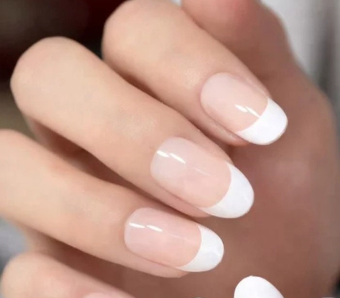 24PCS Oval French Manicure Long Press On Nails – White Tip Baby Boomer Nude Rounded Set surethings