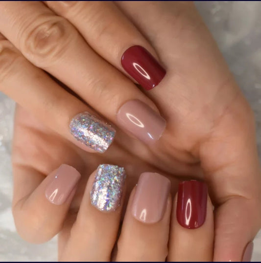 24pcs Short Press-On Nails with Maroon Mauve Holographic Glitter in Pink and Red Shades surethings