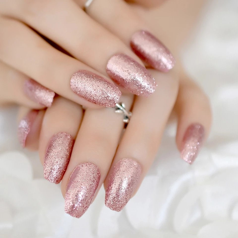 24 Rose gold Glitter Long press on nails glue on manicure medium coffin pink sparkly