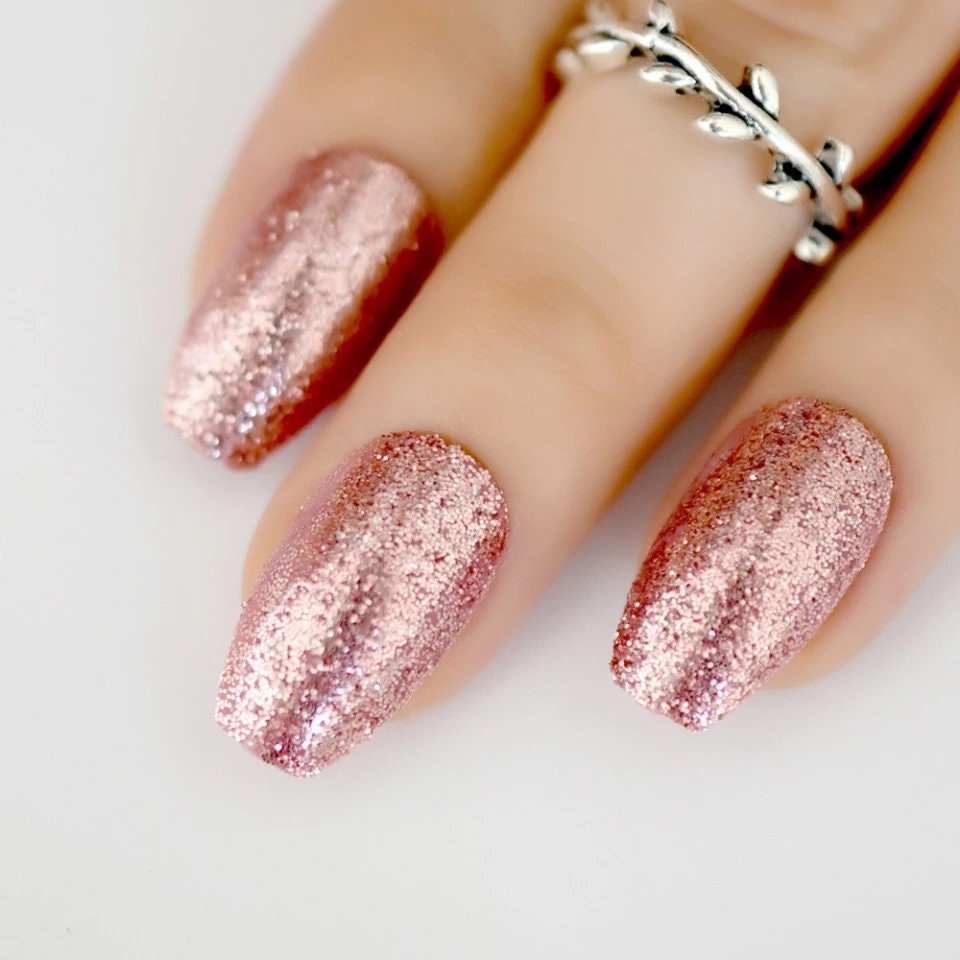 24 Rose gold Glitter Long press on nails glue on manicure medium coffin pink sparkly