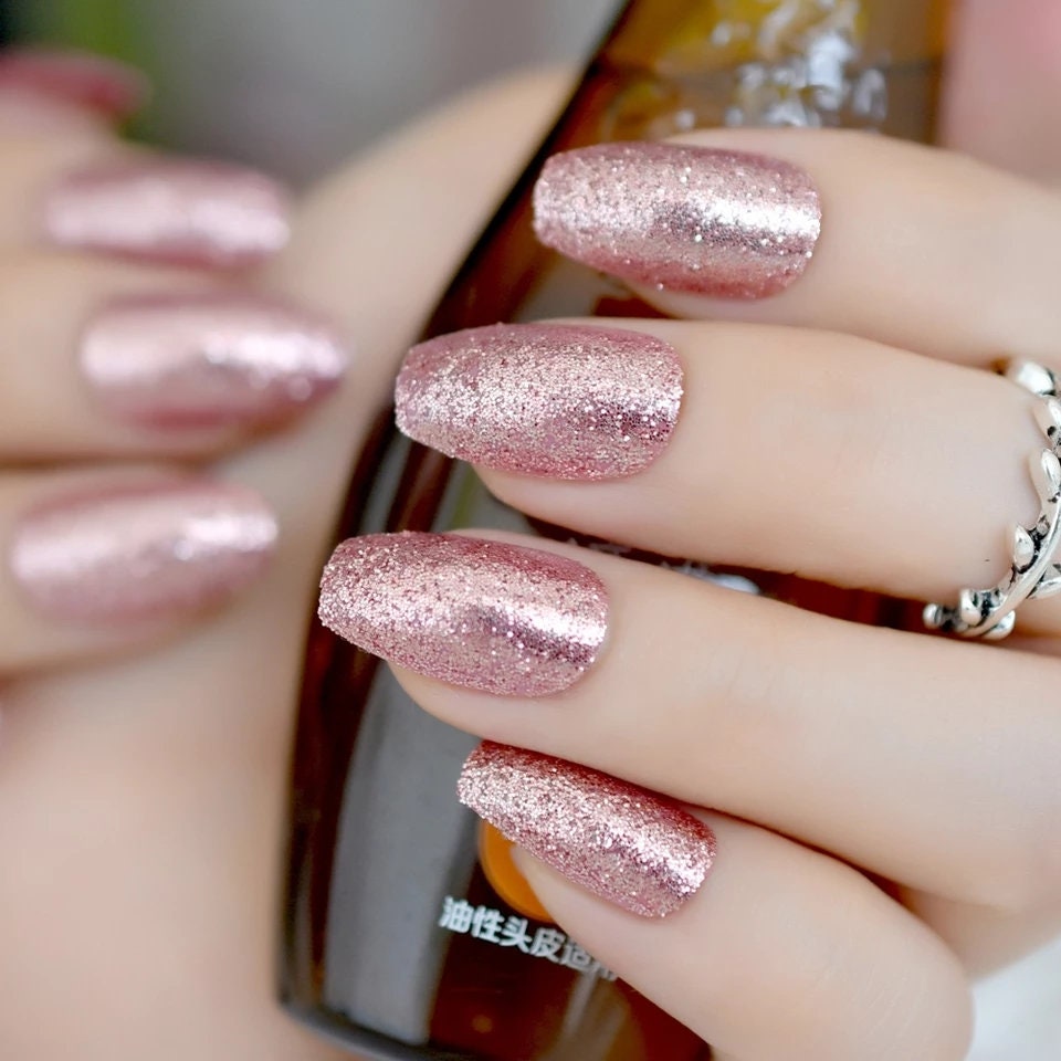 24 Rose gold Glitter Long press on nails glue on manicure medium coffin pink sparkly