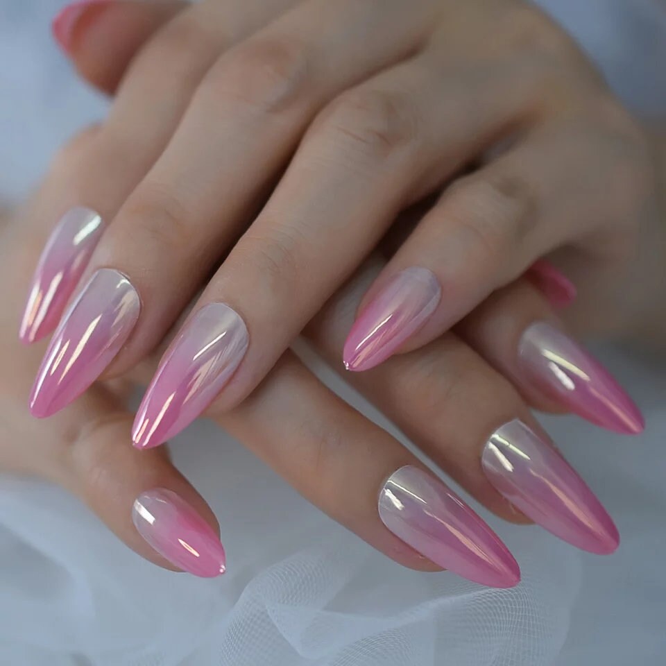24 High Shine Ombre Pink Nude Chrome Mirror shiny Long Press On Nails