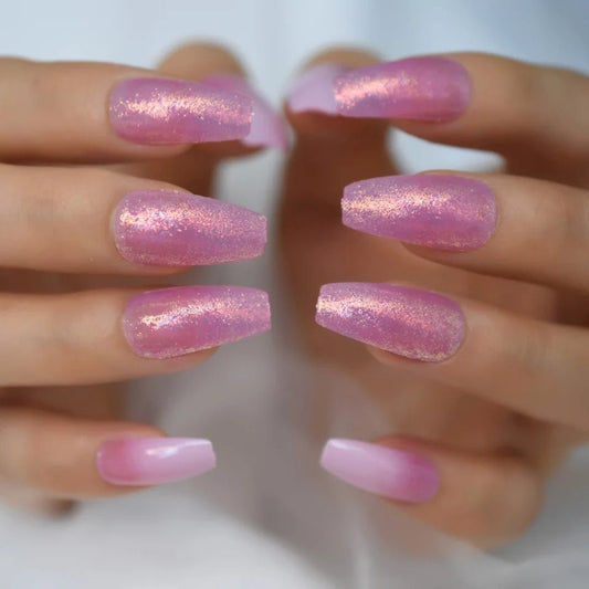 24 long coffin press-on nails in pink holographic jelly with glitter and shiny metallic finish – glue-on nail set surethings