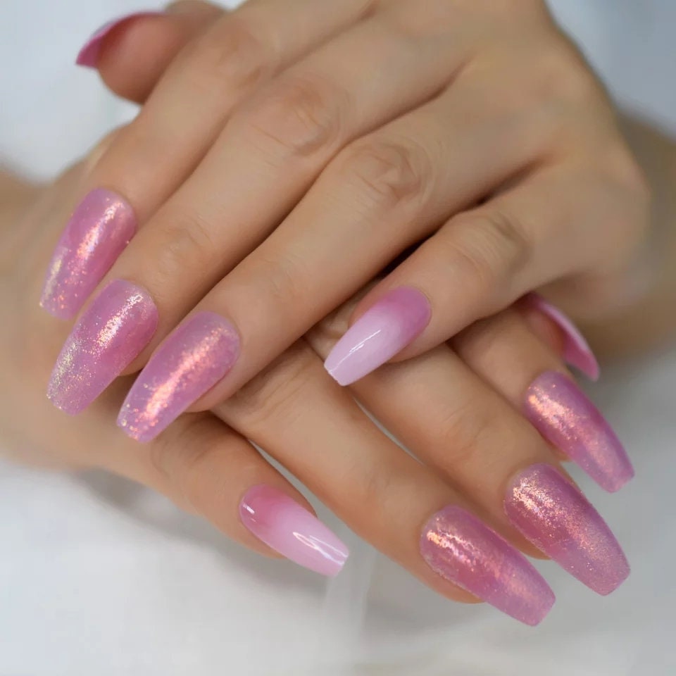 24 long coffin press-on nails in pink holographic jelly with glitter and shiny metallic finish – glue-on nail set surethings