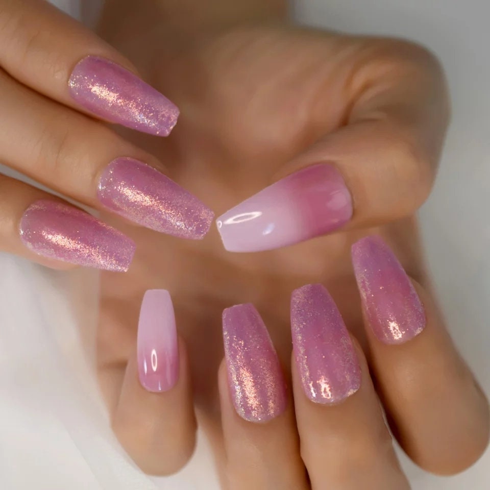 24 long coffin press-on nails in pink holographic jelly with glitter and shiny metallic finish – glue-on nail set surethings
