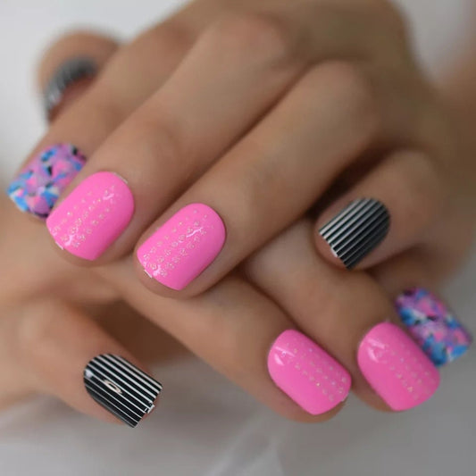 24 Short Pink multi color Artsy Short Press on Nails 80s stripes glue on