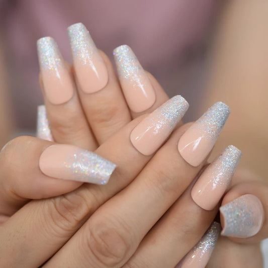 24 long peach crème ombre French glitter press on nails in nude coffin shape with silver holographic tips surethings